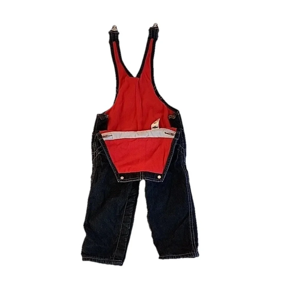 OshKosh B'gosh Toddler Overalls Blue Denim Red Fleece Lined Snaps Sz 12 Mos